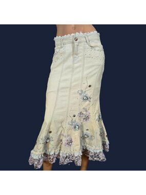 Y2K Beaded Denim Fairy Mermaid Skirt Lace Trim Rhinestones Low Rise Light Wash M